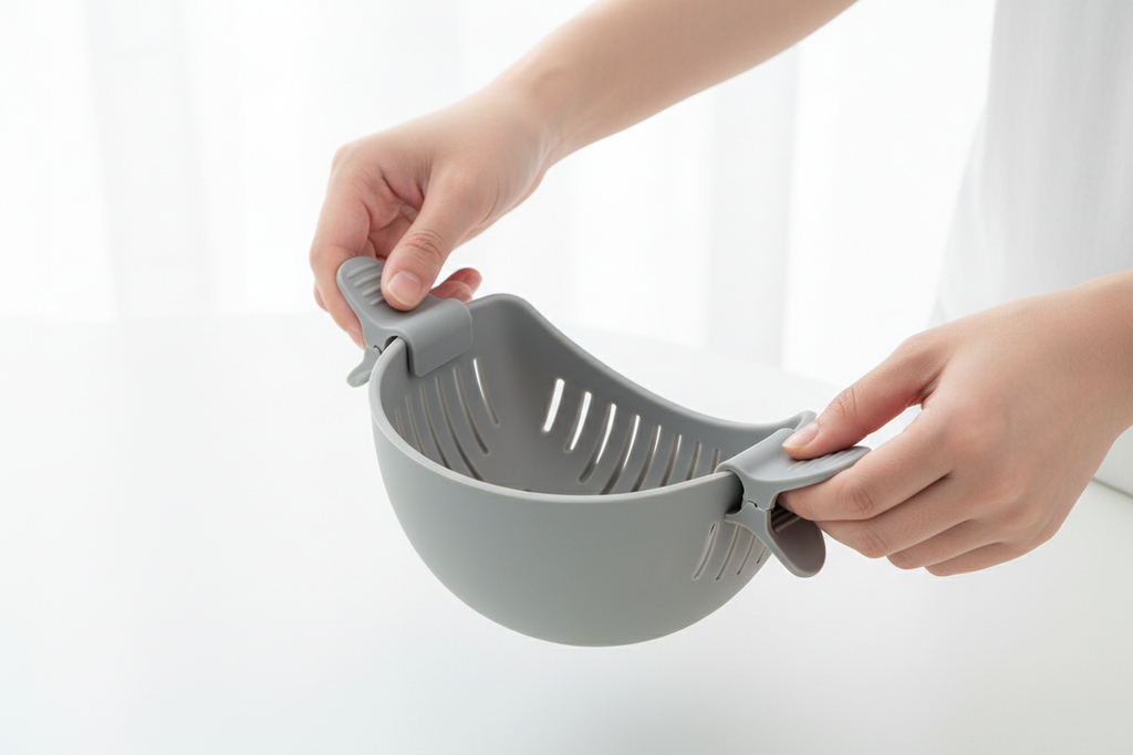 Grey Silicone Strainer Clip in Girl's Hands
